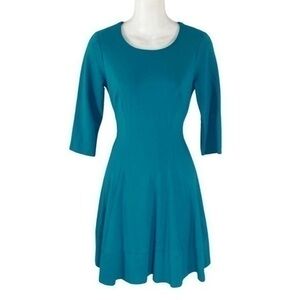 White House Black Market Teal Blue Green 3/4 sleeve fit flare dress 0 AG28